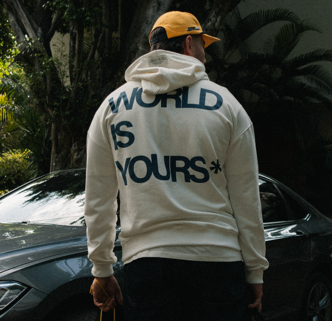 HOODIE WORLD IS YOURS WHITE AND BLUE